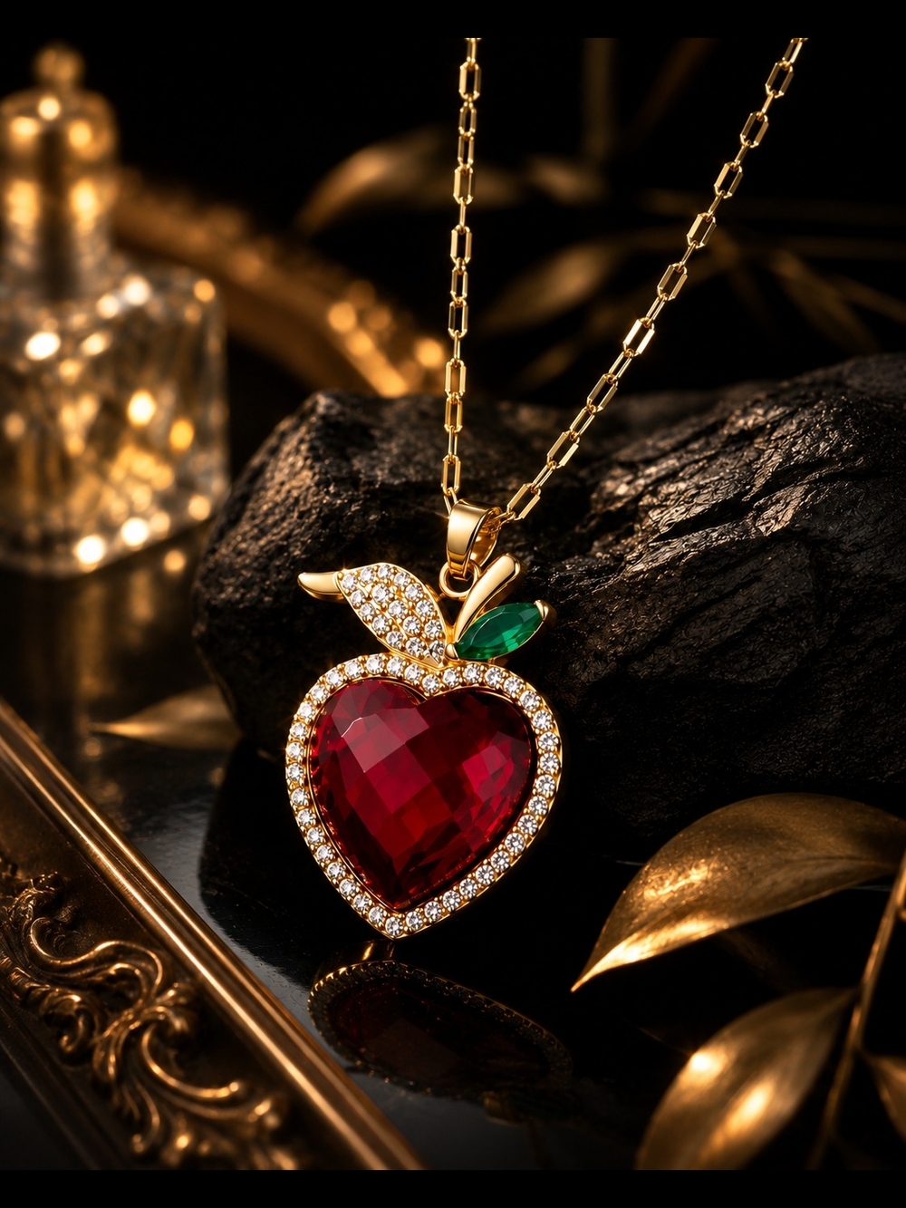 Gold Tone Apple Heart Pendant Necklace Red Crystal Leaf CZ Fashion Jewelry